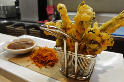 Tempura Battered & Lightly Fried Asparagus & Broccolini served with Crispy Carrot Threads and a Soy Scallion Ginger Sauce