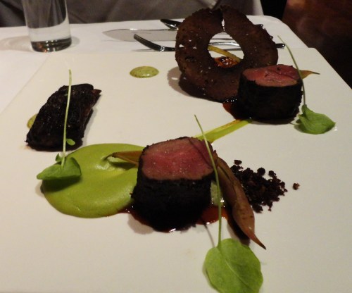 Colorado Lamb  with Spring Peas, Sheep Milk’s Yogurt, Porcini Mushrooms, and a Pumpernickel Chip.